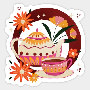 Pink and orange retro teapot and cup and flowers Sticker